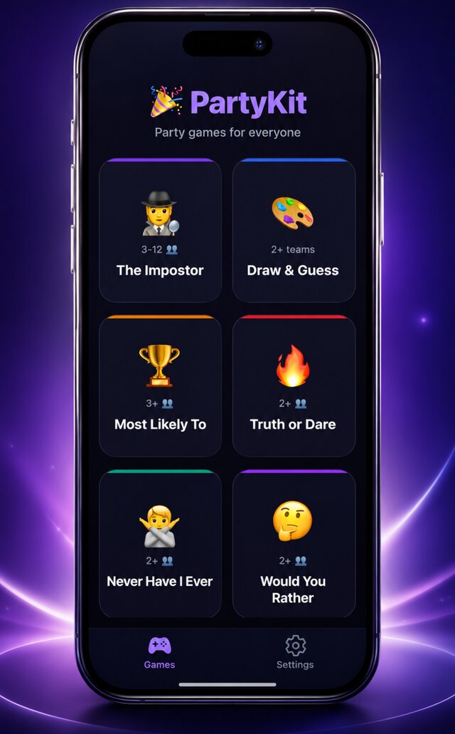 PartyKit home screen with the games grid