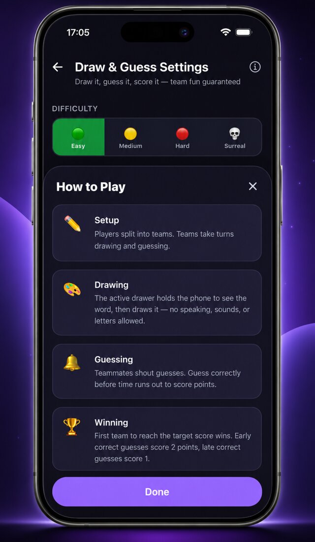 How to Play sheet for Draw and Guess with setup, drawing, guessing and winning steps