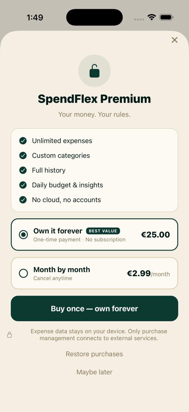 The in-app Premium screen: own it forever for a €25 one-time payment marked best value, or €2.99 month by month