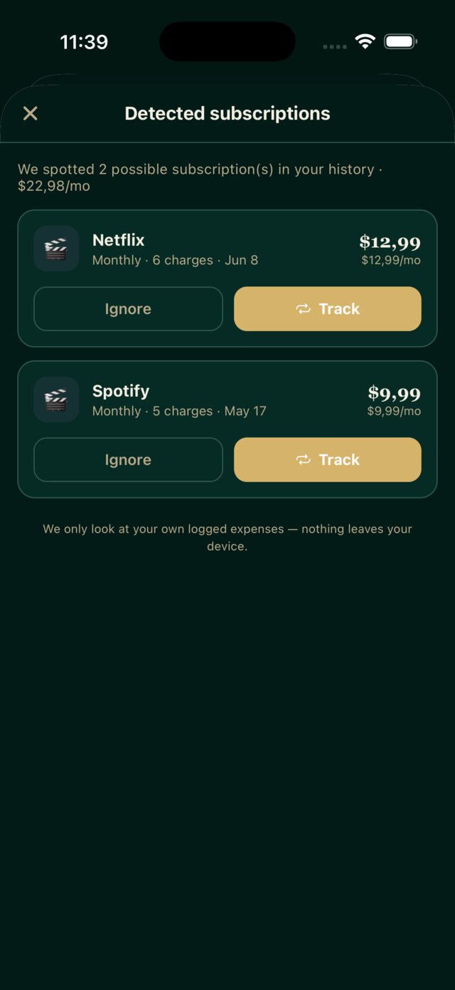 Detected subscriptions screen listing Netflix and Spotify with track or ignore actions